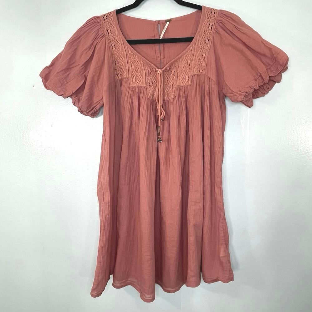 Free People Women Mini Dress Puff Sleeve Cotton XS Gauze Embroidered Boho Beach